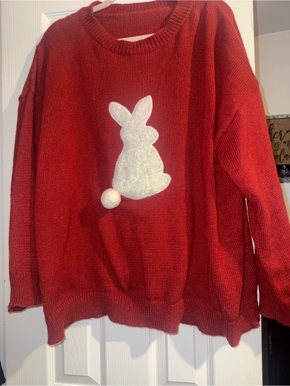 SHEIN Red Crewneck Sweater with White Bunny Applique